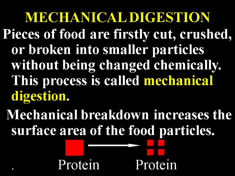 MECHANICAL DIGESTION Pieces of food are firstly cut, crushed, or broken into smaller particles